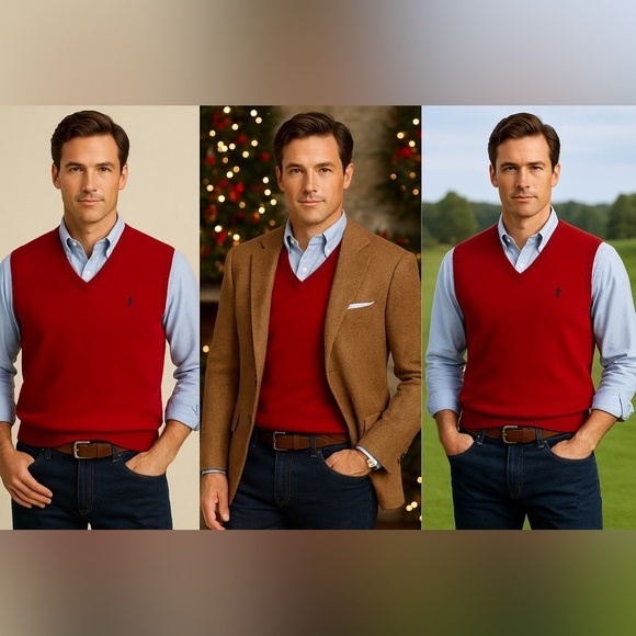 Polo Ralph Lauren Other - POLO by Ralph Lauren Red Pima Cotton Sweater Vest V-Neck Knit Pullover - Large